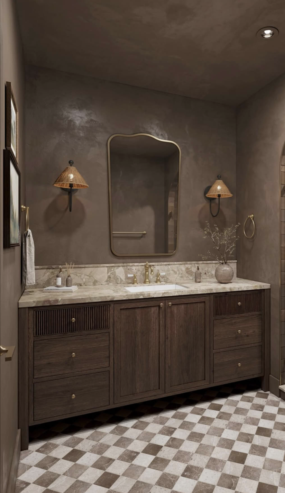 Checkered Bathroom Floor Tile with Double Mirrors