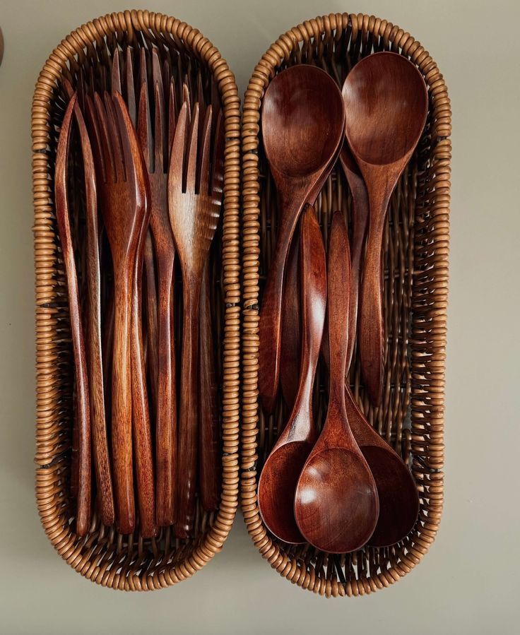 Wooden Kitchen Utensils in a Wicker Basket