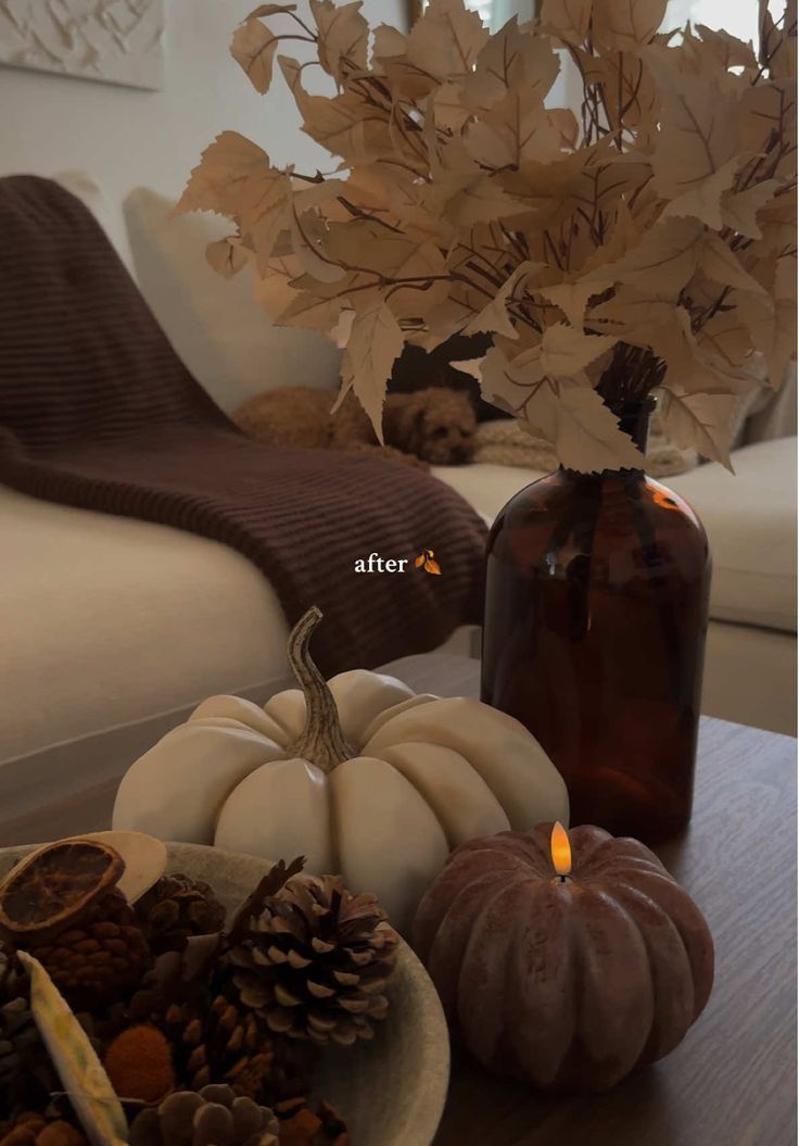 Fall Pumpkin and Pine Cone Centerpiece with Vase