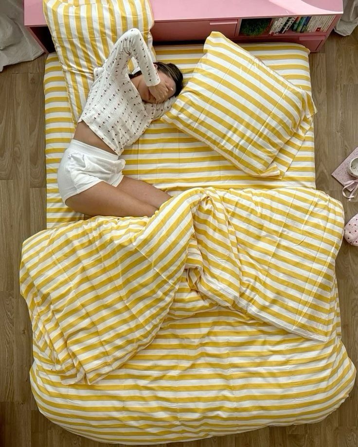 Cozy In Bed Aesthetic, Cosy Morning Aesthetic, Cozy Home Morning Vibes, Cozy Morning In Bed, Cozy Morning Aesthetic, Yellow Stripe Bedding