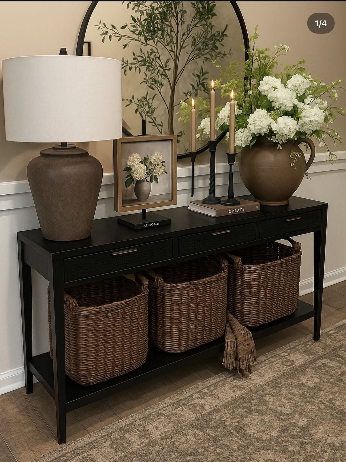 Storage Basket Set on a Black Console Table