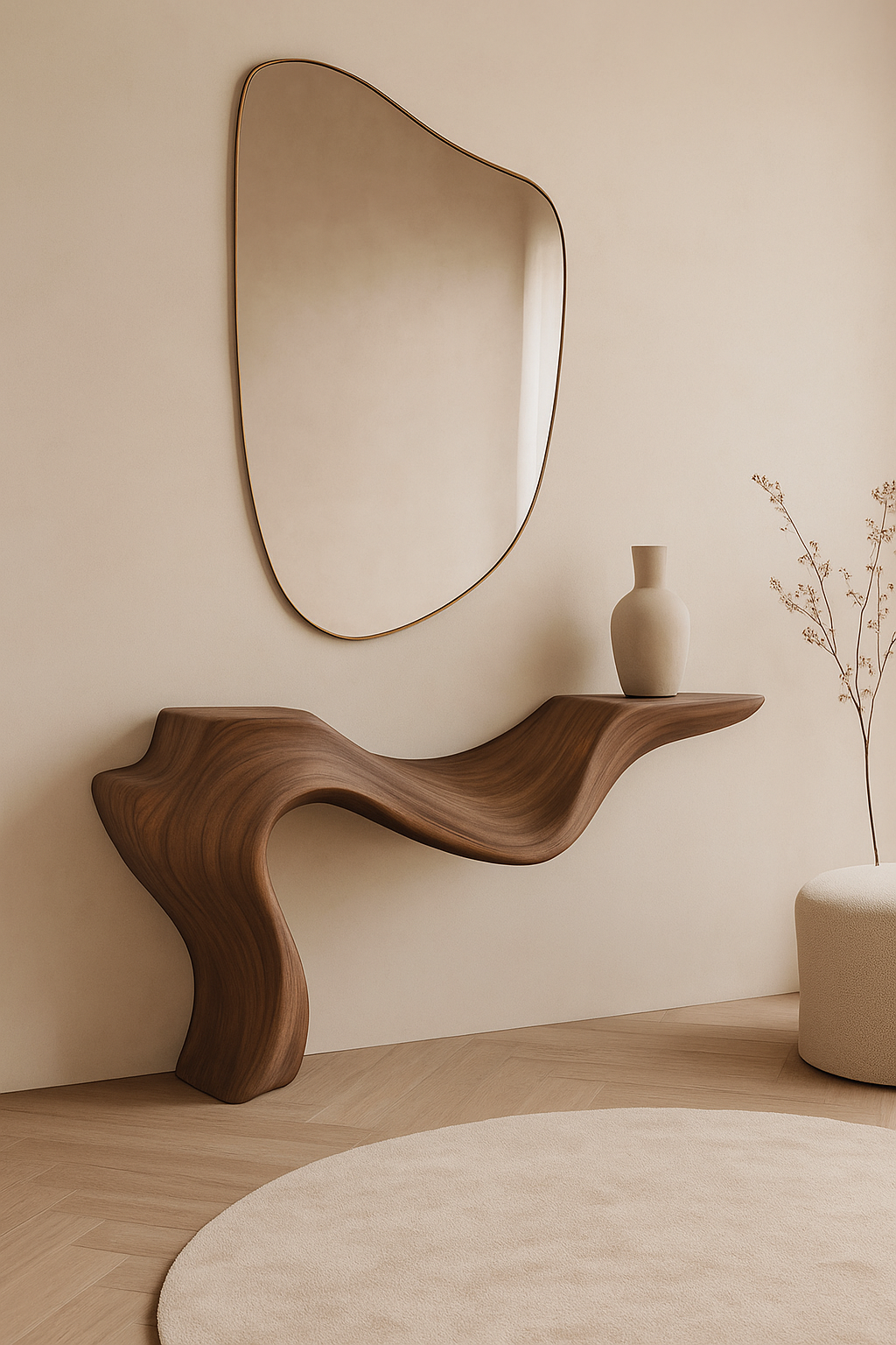 Sculptural Interior, Console Table Minimalist Modern, Aesthetic Furniture, Nordic Minimalism Decor, Mirror Shapes Design