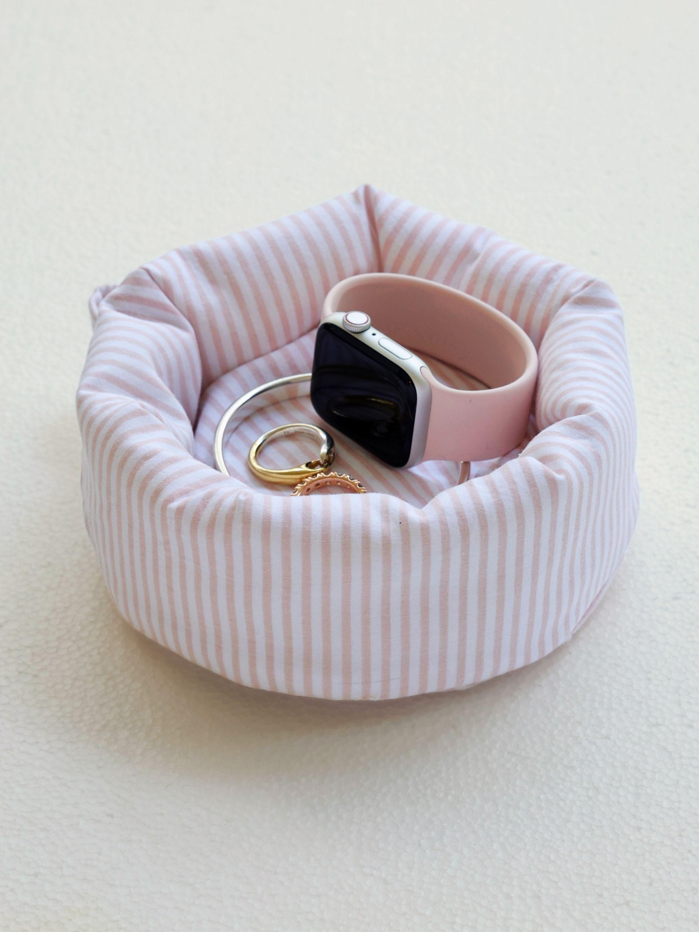 Handmade Cotton Puffy Bedside Organizer | Small Pink Vanity Tray