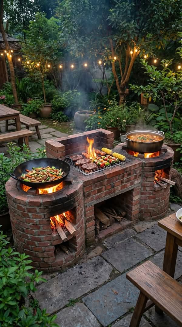 a rustic, custom-built outdoor brick cooking station featuring both a wood-fired oven and an open grill