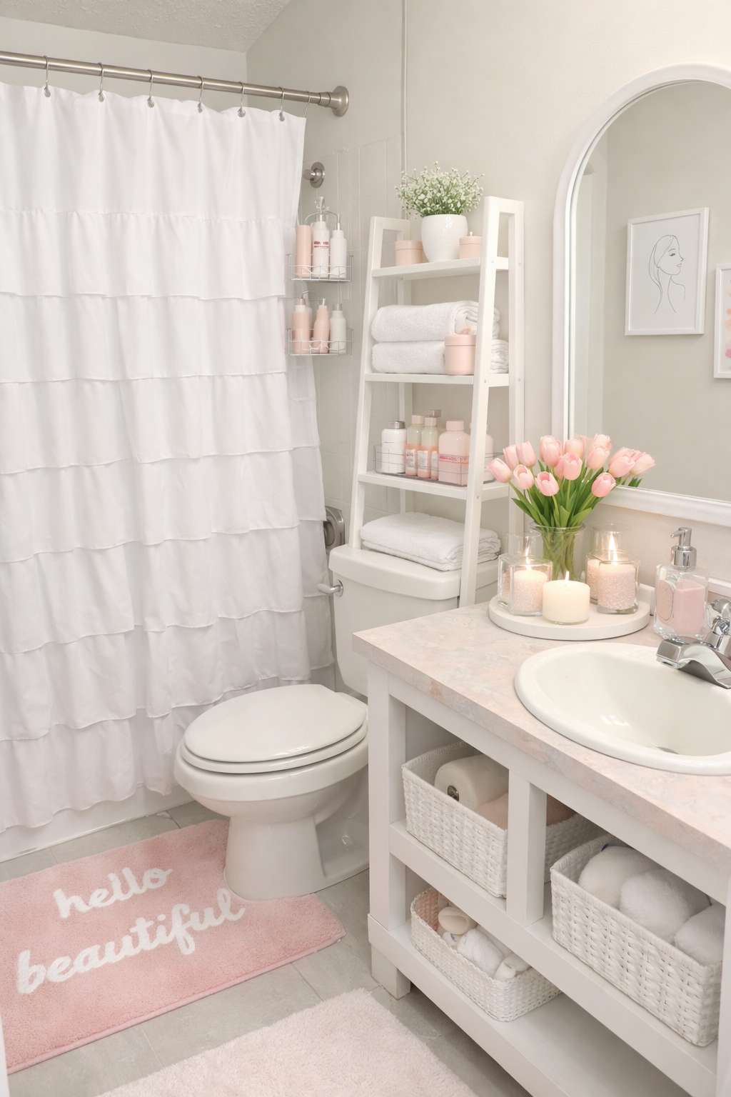 Bathroom Aesthetic Pink, Pink And White Bathroom Ideas, Aesthetic Pink Bathroom, Tiny Bathroom Inspo, Bathroom Ideas Cute, Baby Girl Bathroom Ideas