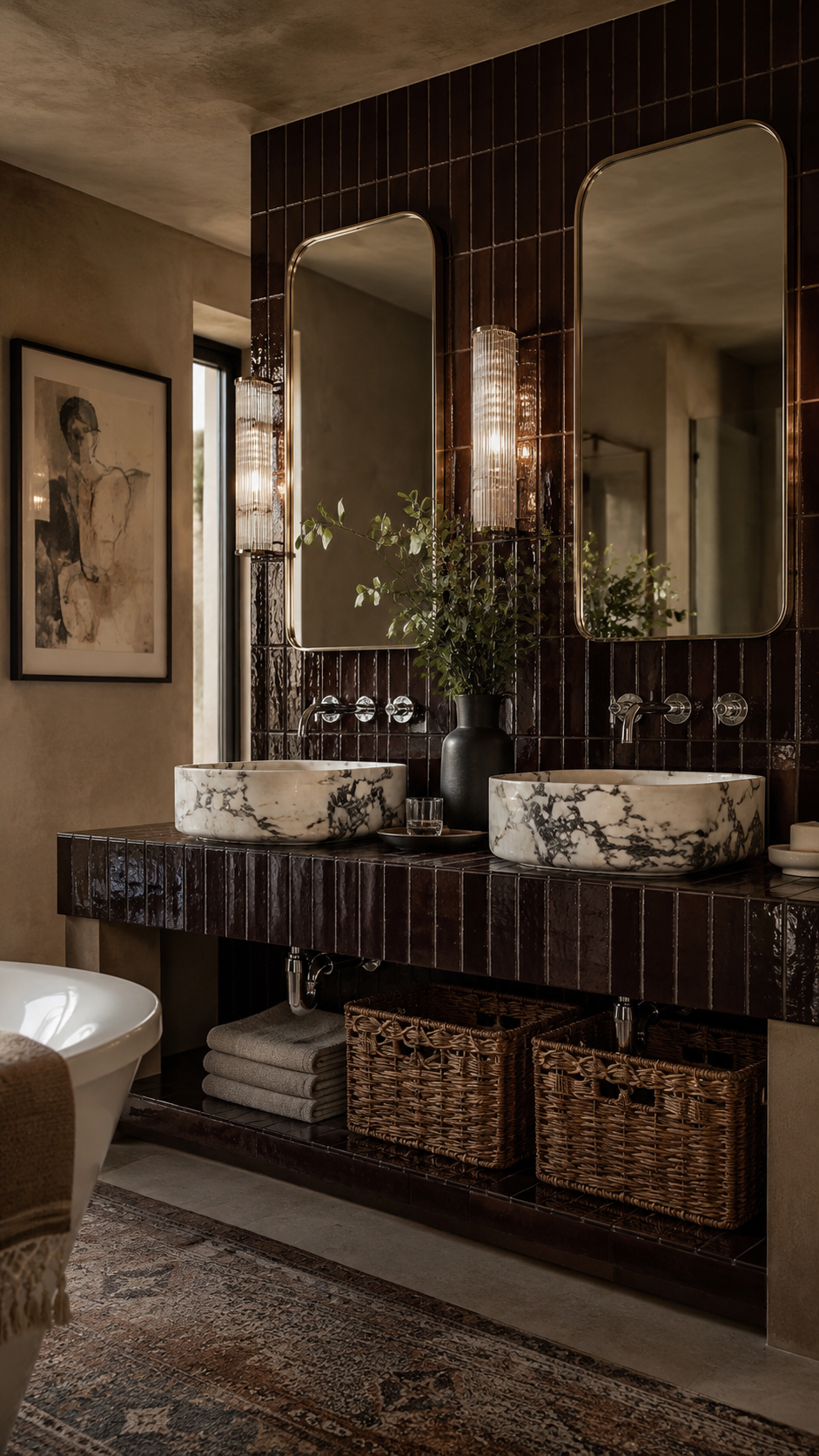 Burgundy Zellige Bathroom with Marble Vessel Sinks and Brass Mirrors