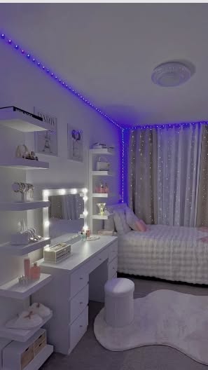 showcases a cozy, modern bedroom featuring a white makeup vanity