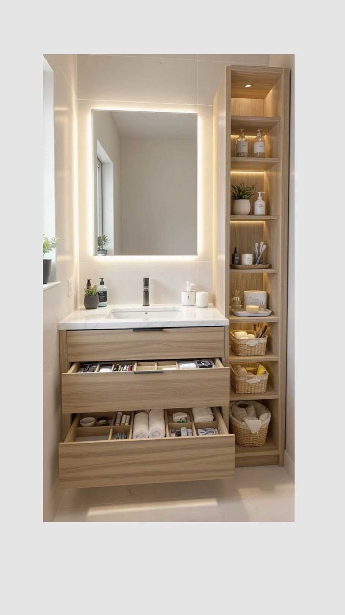 Sink Room Ideas, Bathroom Basin Storage, Makeup Bathroom Vanity, Ideje Za Kupatilo, Modern Wash Basin, Restroom Storage Ideas