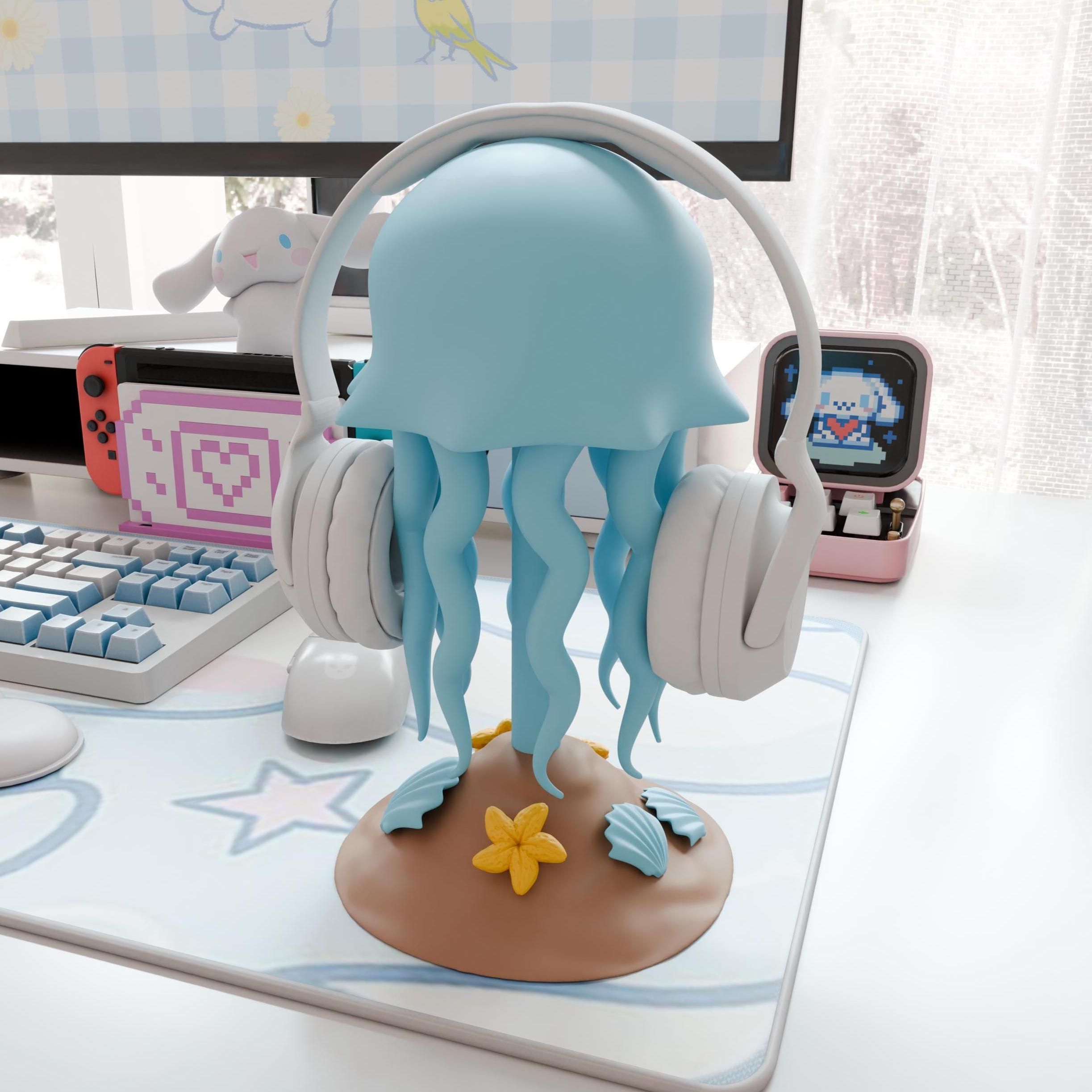 Cute jellyfish headphone stand gift , sea themed gaming room  , aesthetic desk decor , custom color cozy decor , kawaii setup decoration