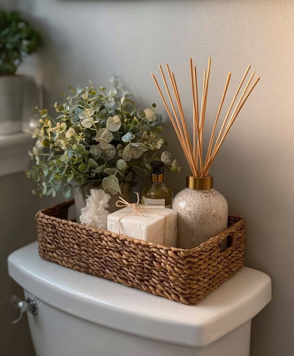 Guest Toilet Decor Ideas, Toilet Top Decor Ideas, Basket For Back Of Toilet, Guest Toilet Decor, What To Put In Basket On Back Of Toilet, Toilet Decor Aesthetic