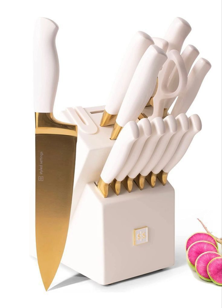 White And Gold Kitchen Accessories, White And Gold Kitchen Aesthetic, White And Gold Kitchen Utensils, White And Gold Knife Set, Kitchen Things