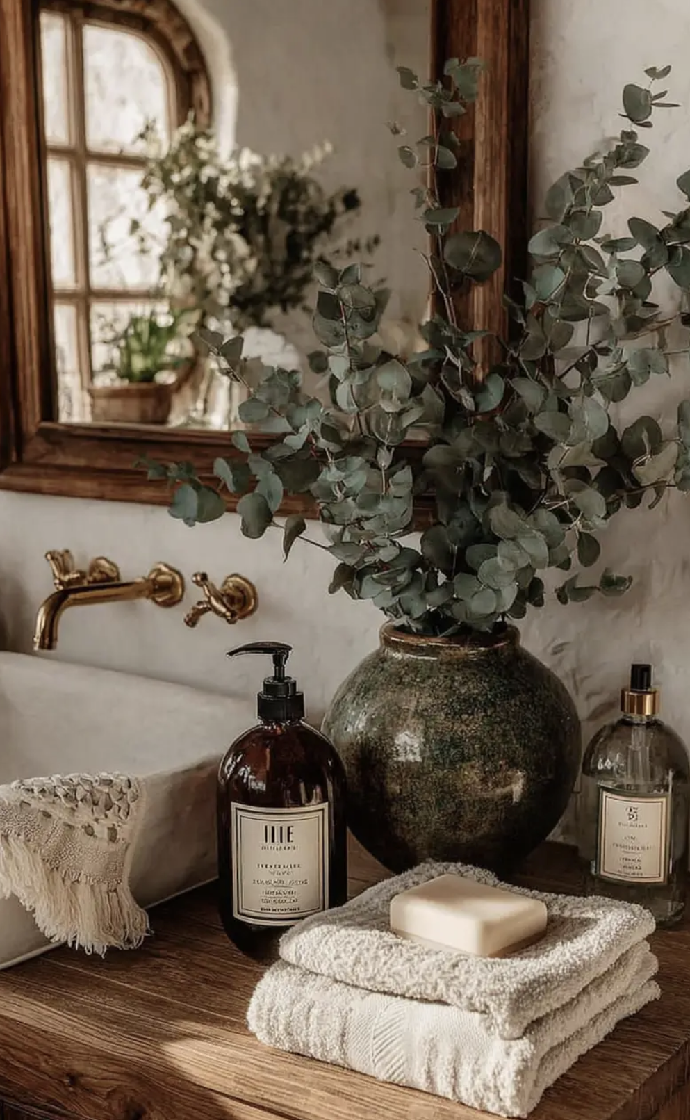 Bathroom Counter Styling with Soap Bottles and Greenery