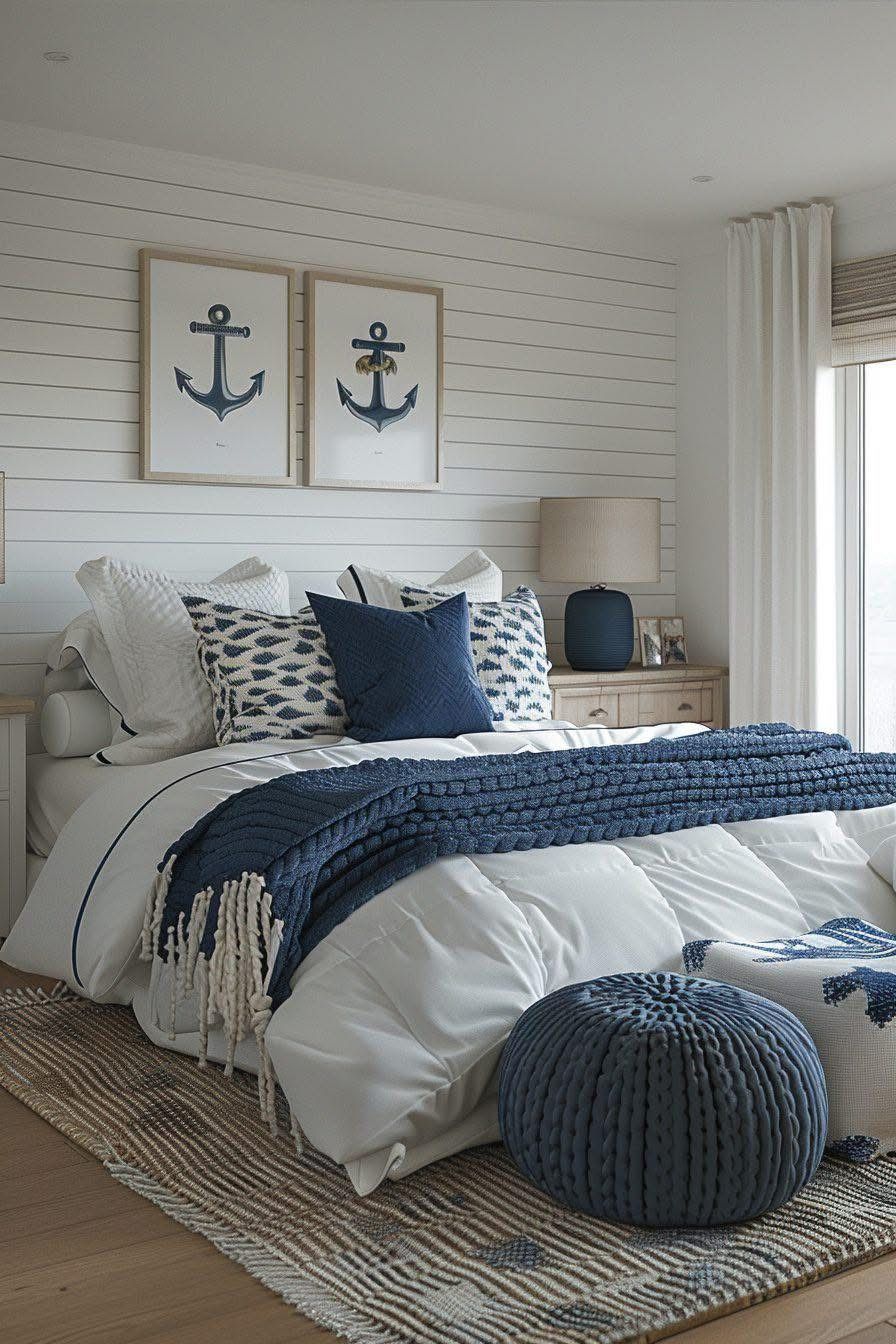 Soothing Bedroom, Nautical Bedroom, Navy Blue Bedrooms, Quarto Azul, Decoração Praiana, Blue Bedroom Decor, Beachy Room, Beach Bedroom
