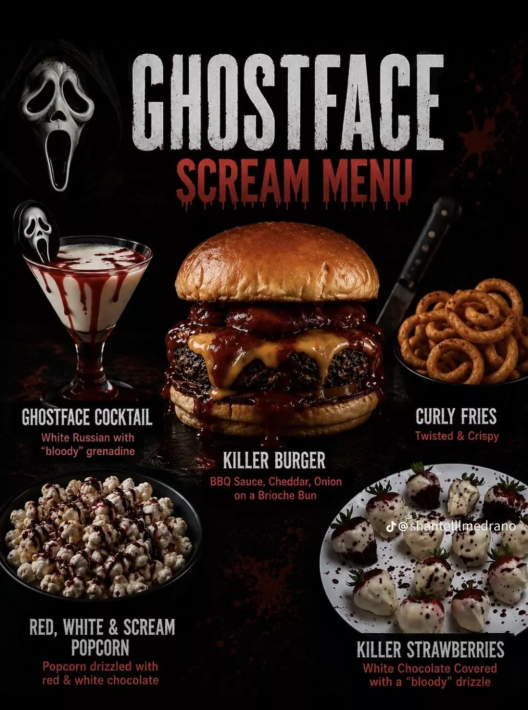 Midnight Food Ideas, Horror Themed Movie Night, Horror Movie Themed Dinner Ideas, Scream Movie Night Food, Horror Themed Dinner