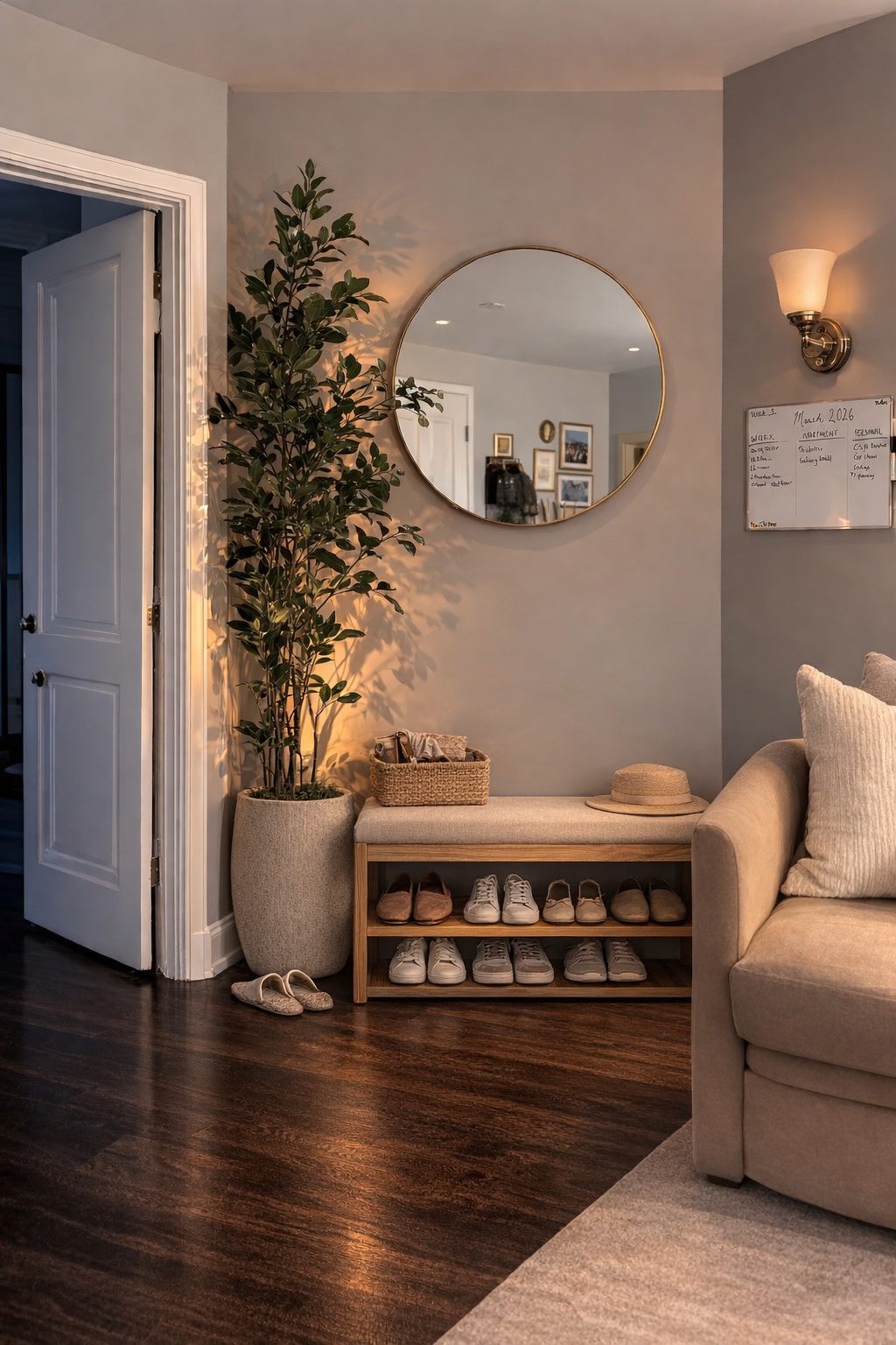 a modern wooden shoe storage bench