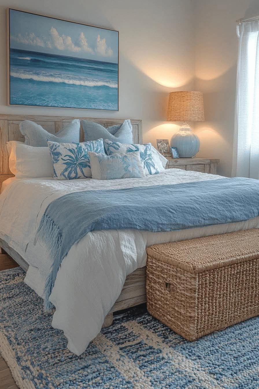 Beach Chic Bedroom Ideas, Costal Chic Interior Design Bedroom, Bedroom Inspirations Beachy, Beach Room Vibes, Rustic Beach Bedding, Beach House Bedroom Décor