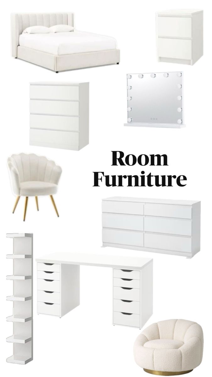 collection of modern white bedroom furniture including a bed