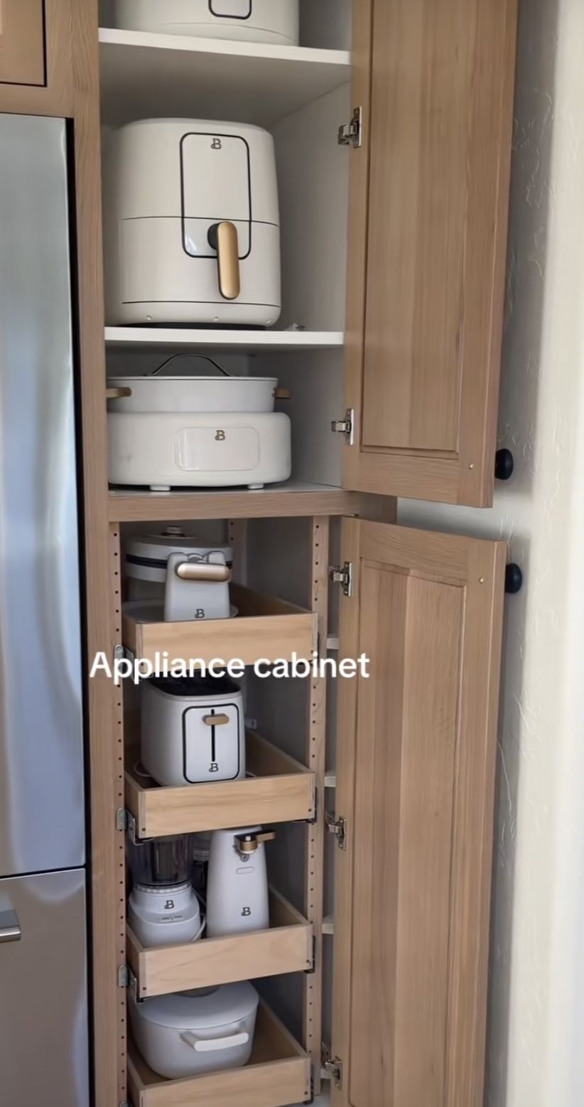 Lower Kitchen Cabinet Storage Ideas, Sleek Cabinet Design, Kitchen Efficiency Ideas, Electronic Storage Ideas, Appliances Shelves