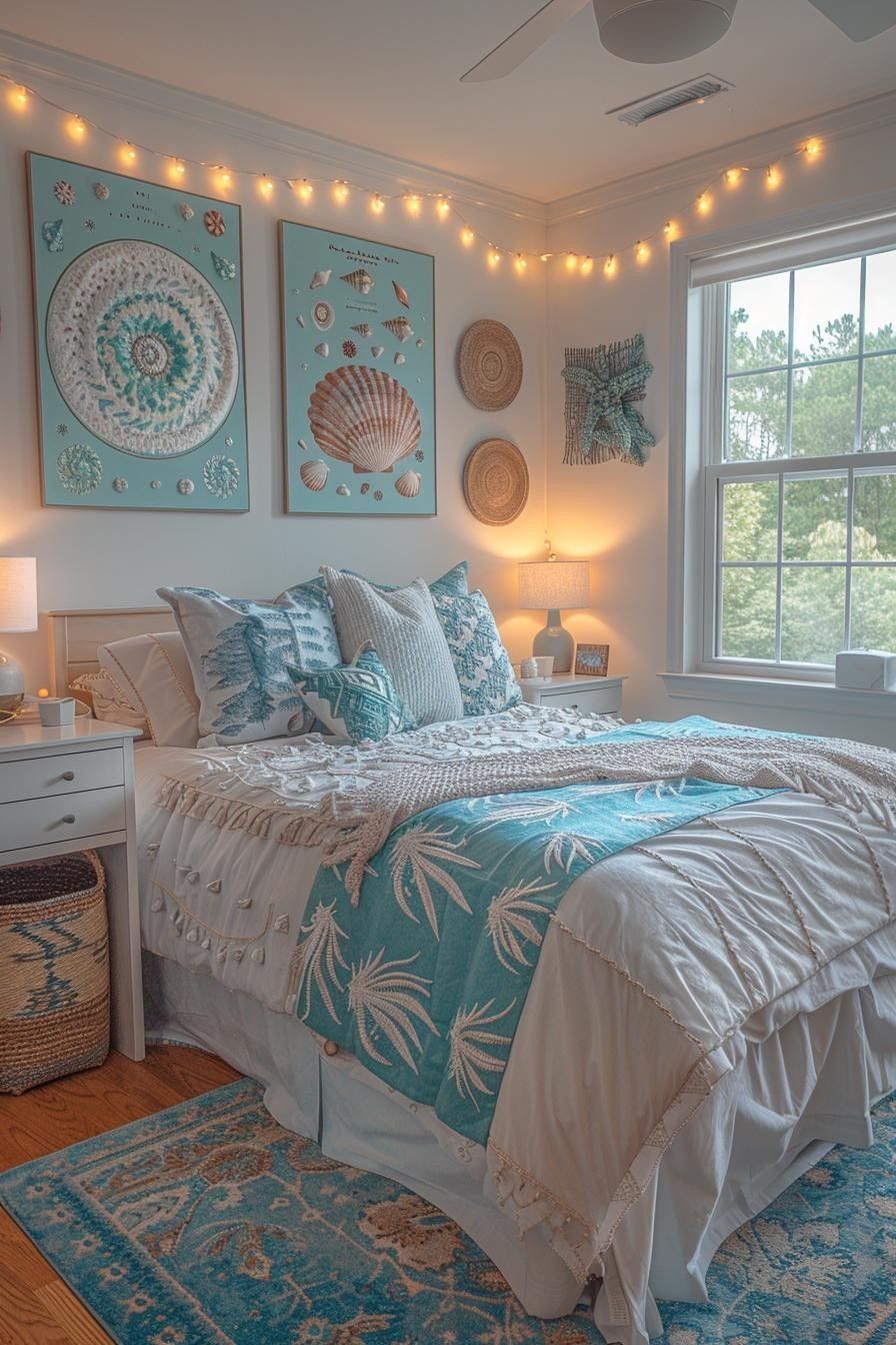 Beach College Dorm Room Ideas, Under The Sea Room Decor, Mermaid Dorm Room, Dorm Room Beach Theme, Ocean Dorm Room Aesthetic, Sea Themed Dorm Room