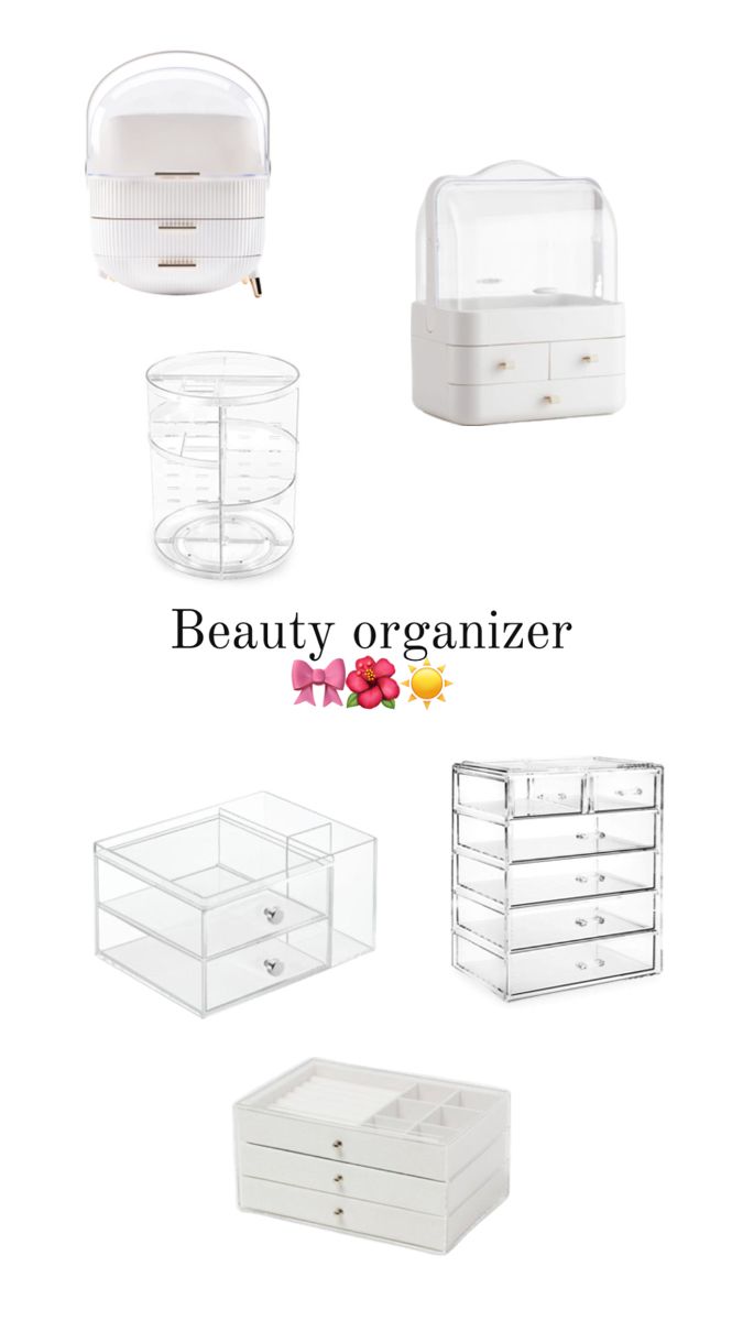 a collection of acrylic makeup organizers and jewelry storage boxes designed for vanities or bathroom countertops.