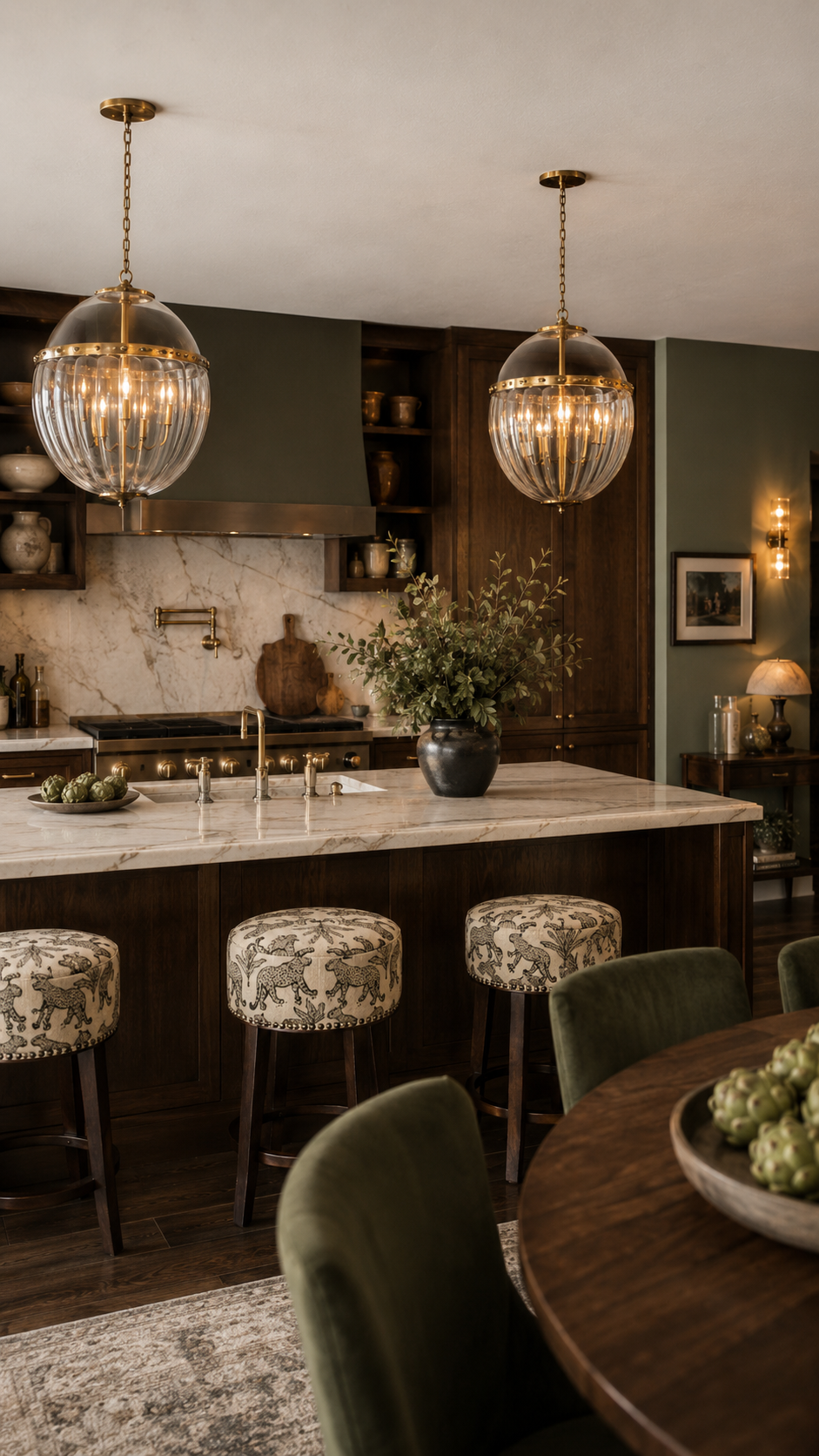 Ribbed Globe Pendant Lights for a Sage Green English Kitchen