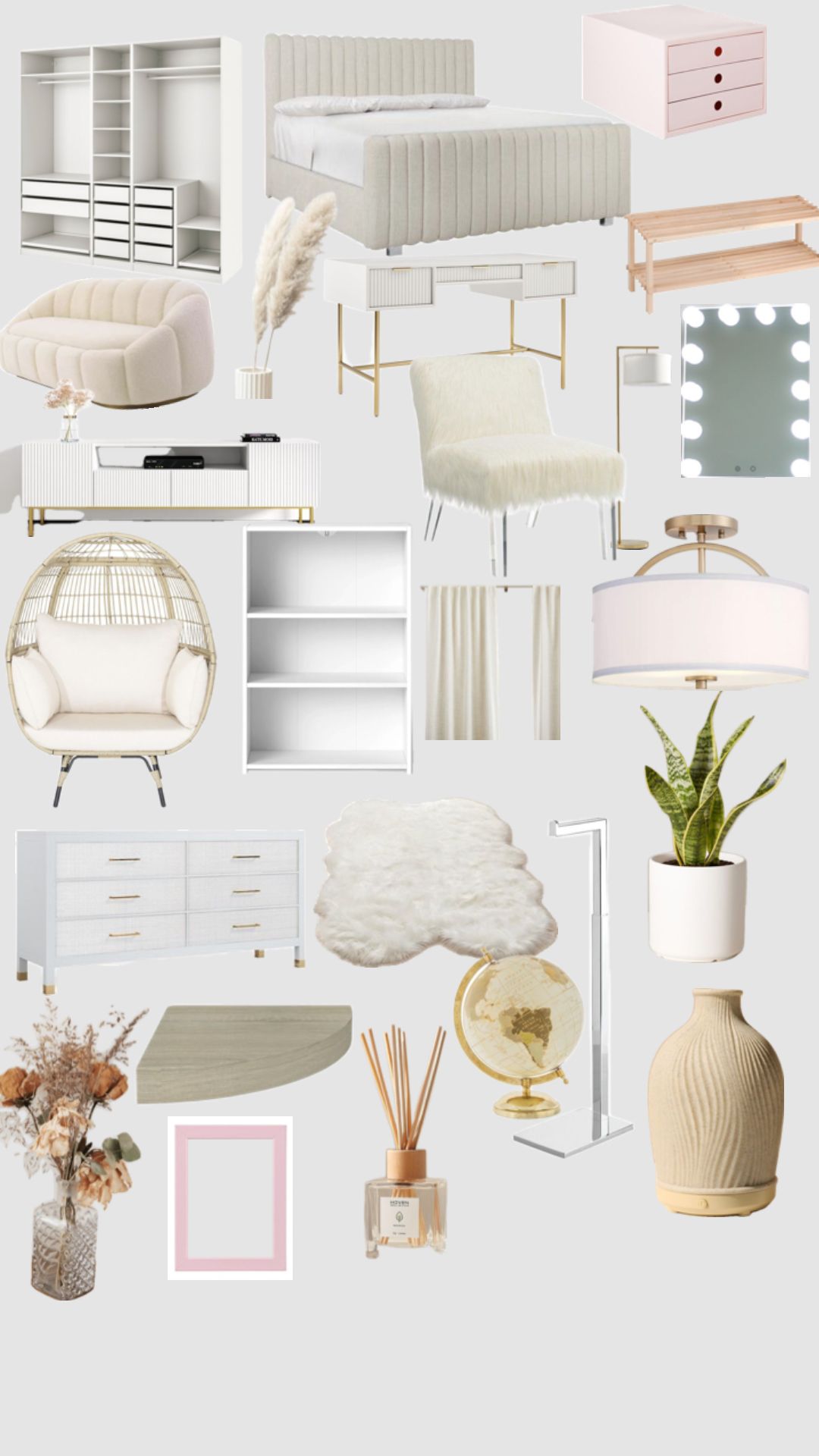 displays a collection of modern, neutral-toned bedroom and home decor products