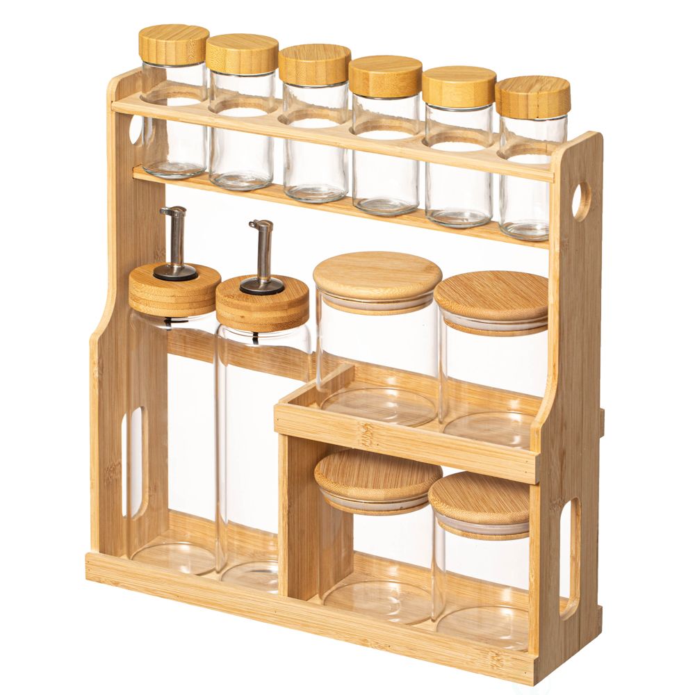Basicwise 3-Tier Bamboo Spice Rack with 6 Spice Shaker Bottles | Mathis Home