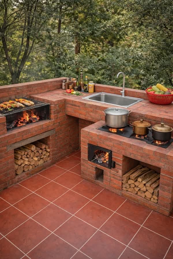 Brick And Wood Outdoor Kitchen, Outside Kitchens, Exterior Kitchen Ideas, Rustic Outdoor Kitchen On A Budget