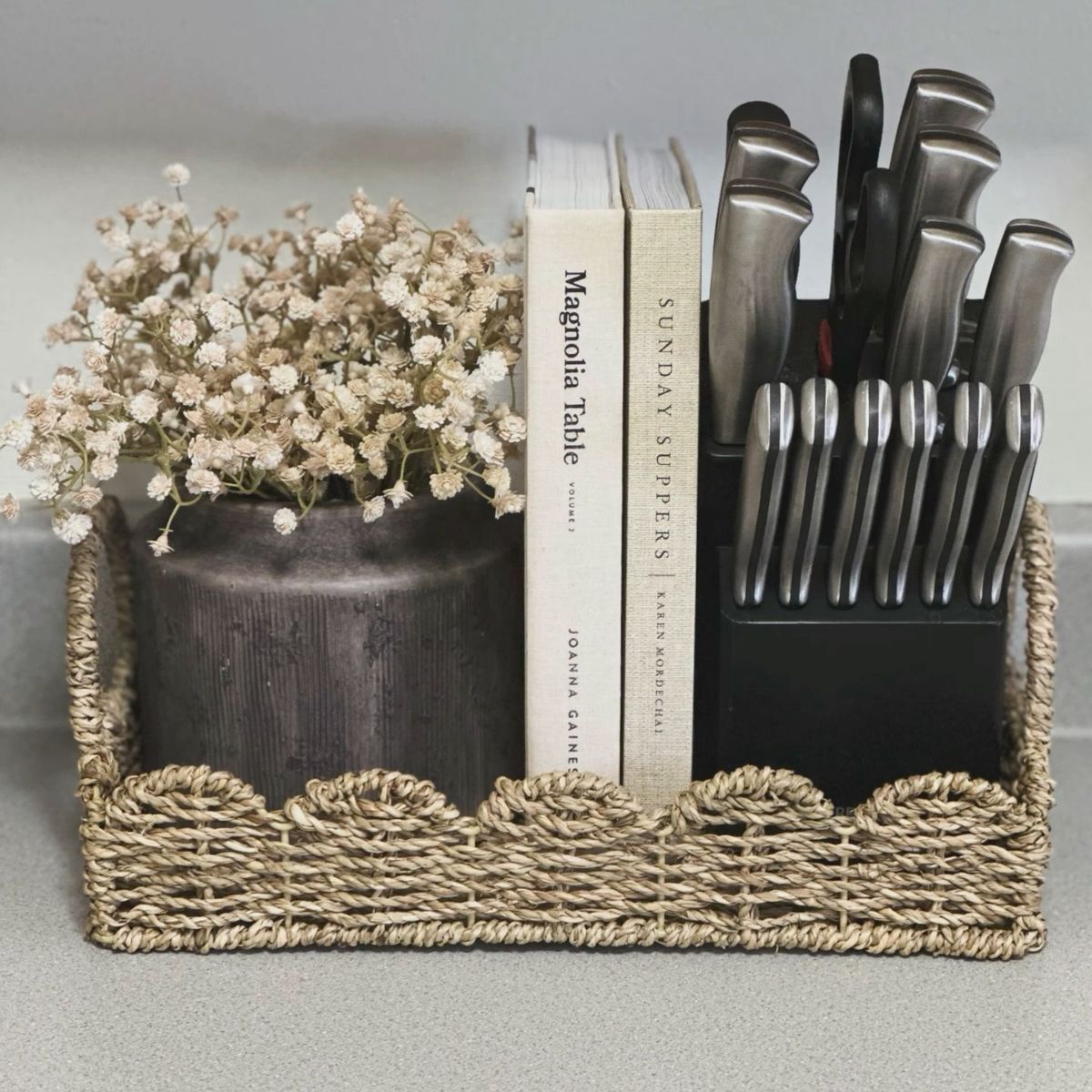 Snack Organization Ideas Counter, Counter Tray Decor, Utensil Storage Ideas, Stylish Kitchen Tray Essentials, Countertop Organization Ideas, Large Island Decor Ideas