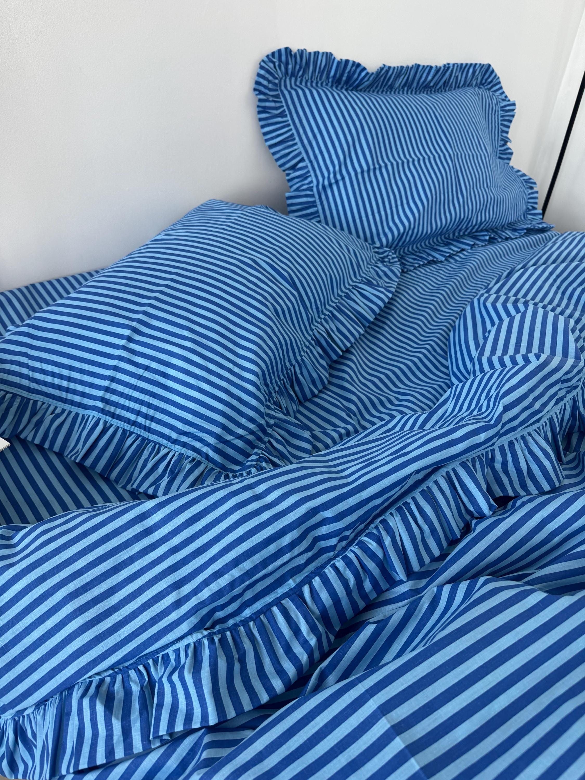 Ruffled Striped Blue Cotton Bedding Set: Duvet Cover, Pillowcases