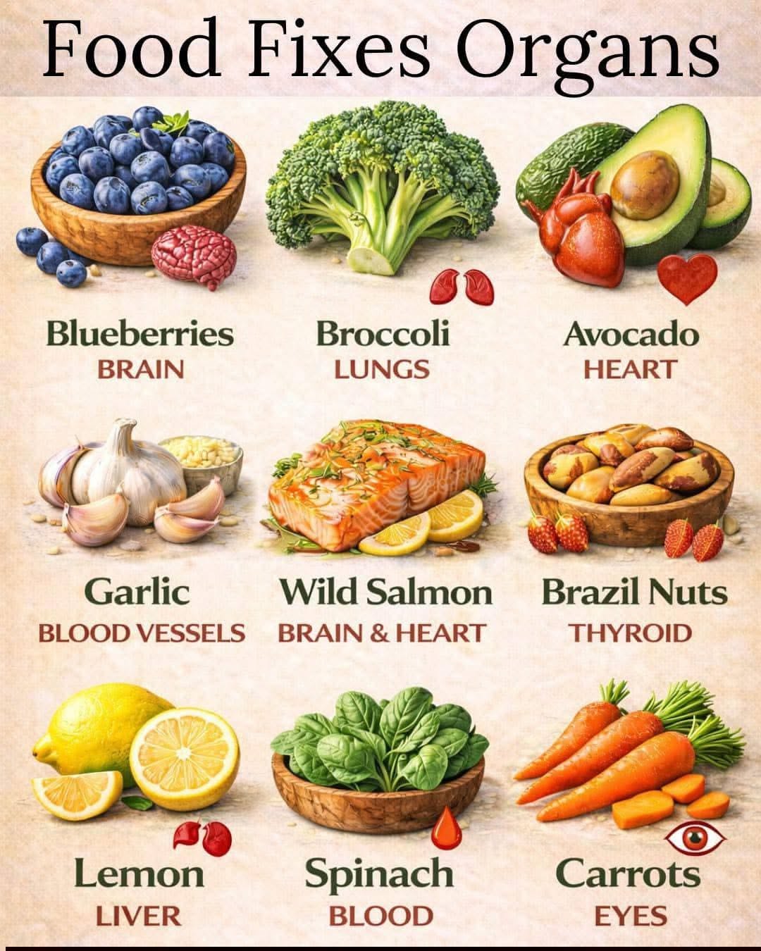 Brazil Nuts, Wild Salmon, Brain And Heart, Blood Vessels, Broccoli, Spinach, Garlic, Carrots, Avocado