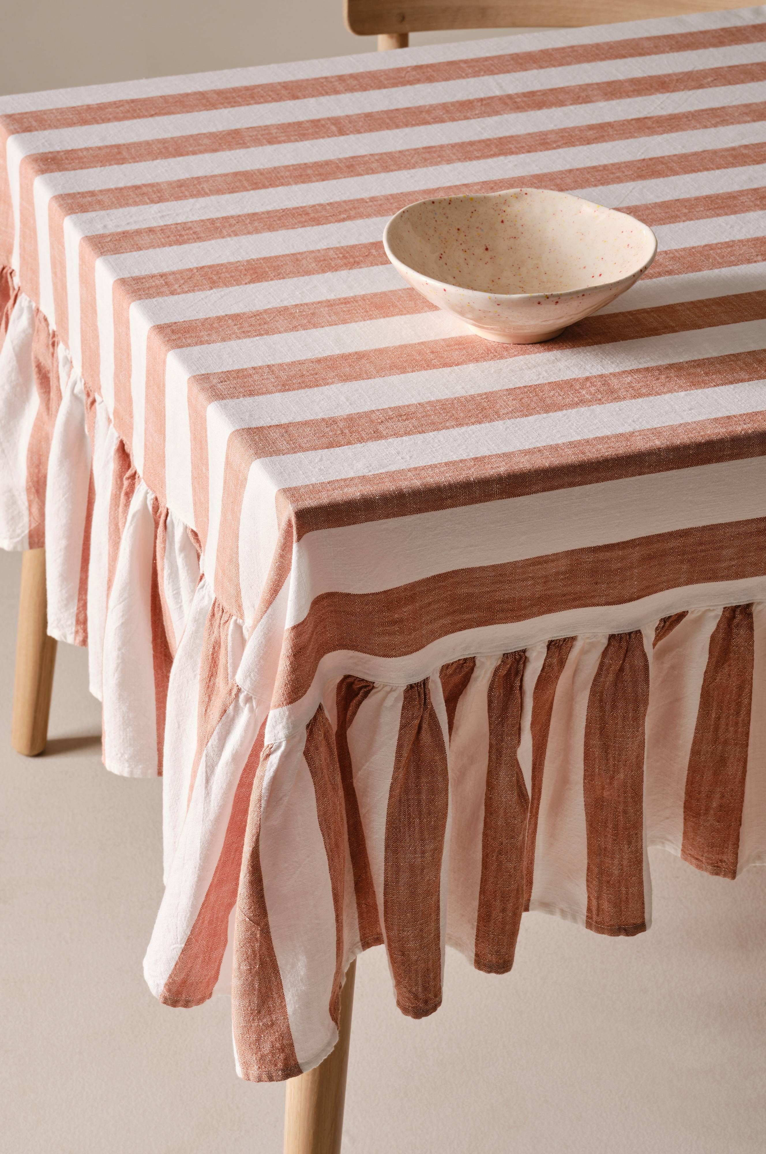 Ruffle Table Cloth, Ticking Stripe Tablecloth, Ruffled Tablecloth Design, Yellow Striped Tablecloth Kitchen, Vintage Gingham Tablecloth, French Ruffle Tablecloth, Vintage Cotton/ Cotton Blend Tablecloth, French Stripe Tablecloth, Ruffled Edge Tablecloth