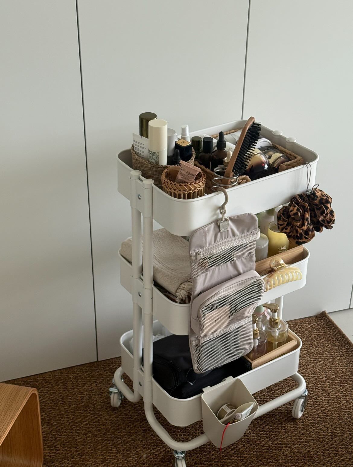 Rolling Organizer, Bedside Rolling Cart, Ikea Cart Organization Ideas, Rolling Cart Makeup Organizer, Skincare Desk Organization