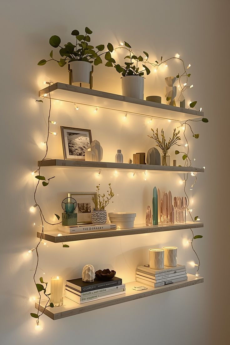 Decoration Pieces For Bedroom, Ideas For A Room Decorating, Aesthetic Things To Put On Shelves, Shelves Big Wall, Shelf On Wall Ideas, Organization Shelf