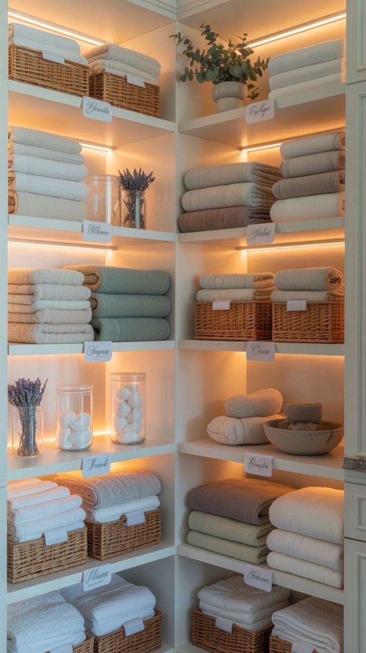 White Towel and Basket Closet Organization