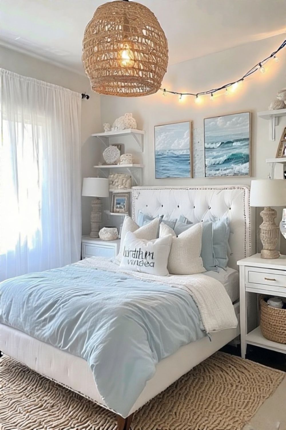 Beach Room Decor, Light Blue And White Bedroom, Blue Teen Rooms, Blue Teen Bedrooms, Light Blue Rooms, Girls Bedroom Lighting, Light Blue Bedroom