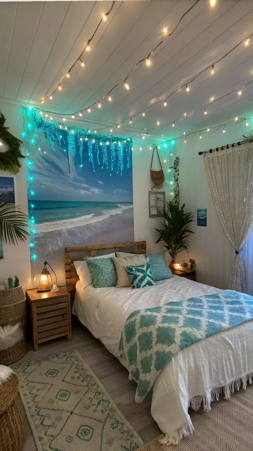 Beach Themed Rooms Bedrooms, Beach-inspired Room Decor, Bed With Lights, Summer Themed Room Bedrooms, Bedroom Decor Summer