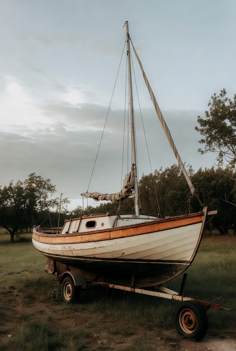 old used wood sailboat on trailer