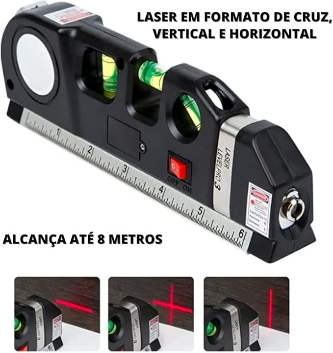 Laser em formato de cruz horizontal e vertical com alcance de até 8 metros