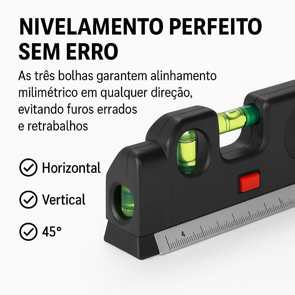 Nivelamento perfeito com 3 bolhas de nível horizontal vertical e 45 graus