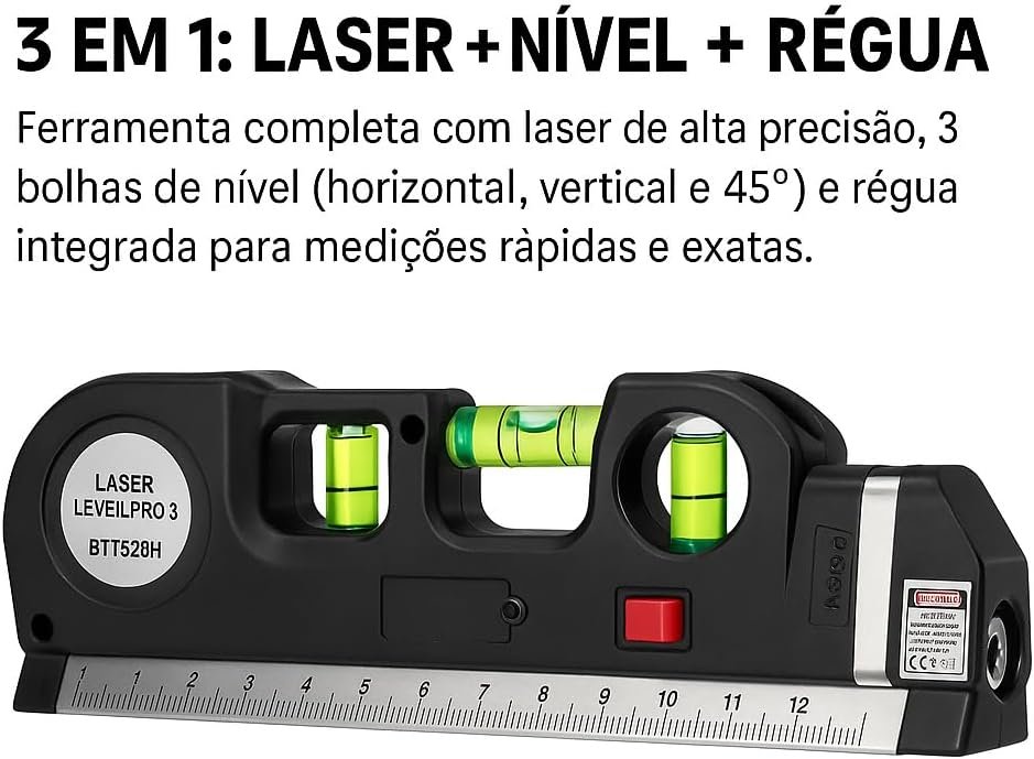 Trena nível laser 3 em 1 com laser, nível e régua integrada