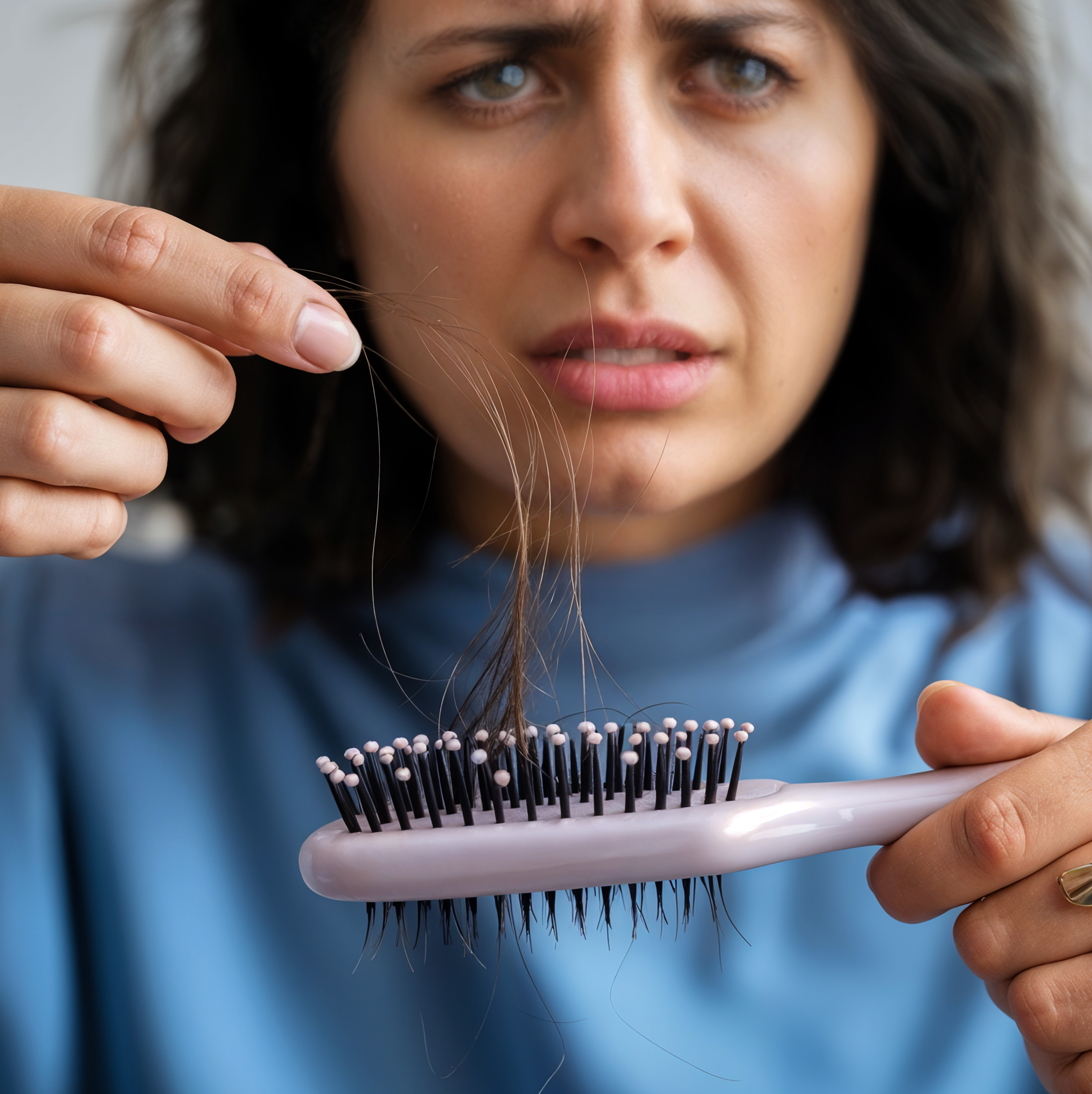 Woman looking at her hair brush from hair loss
