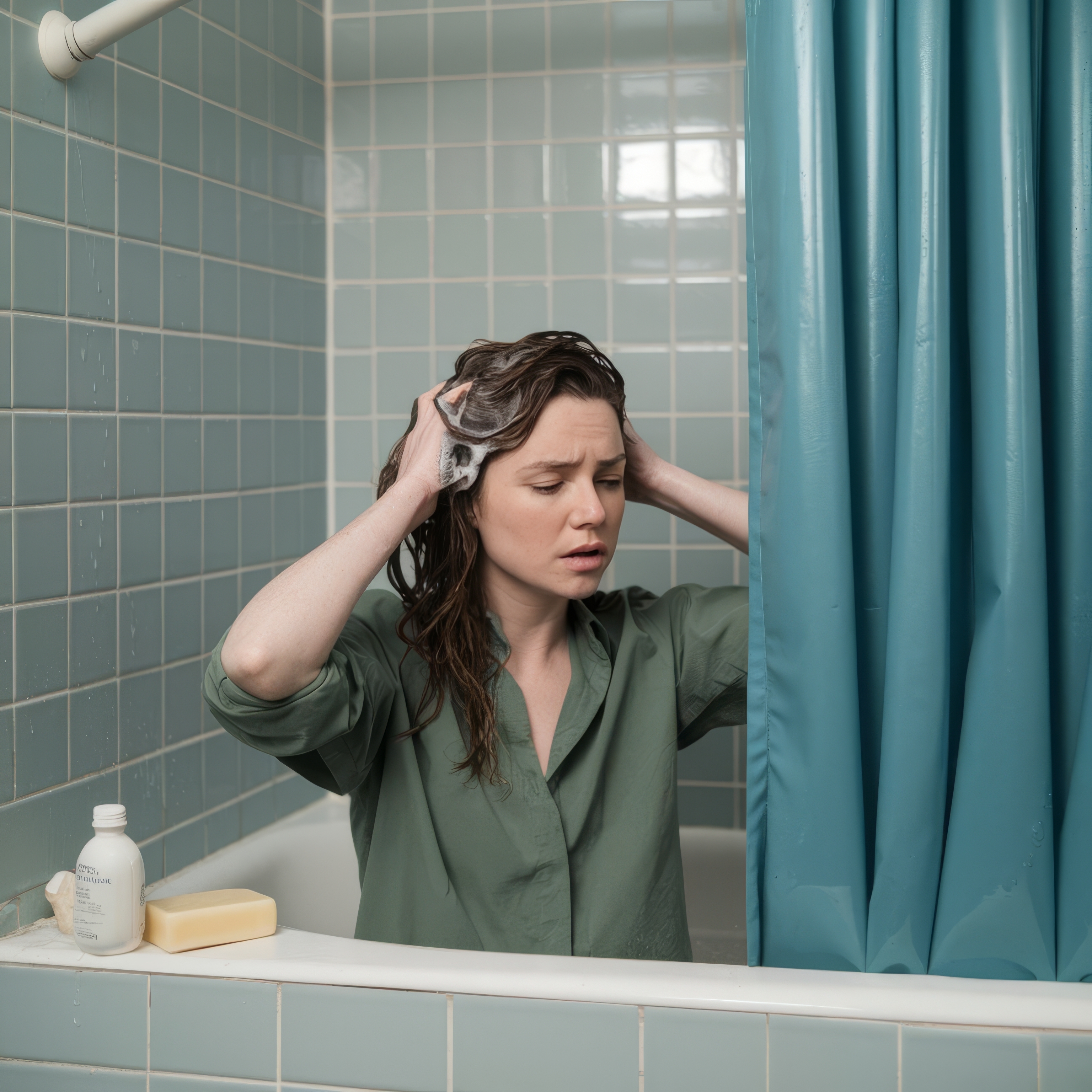 woman in tub washing her hair looking frustrated