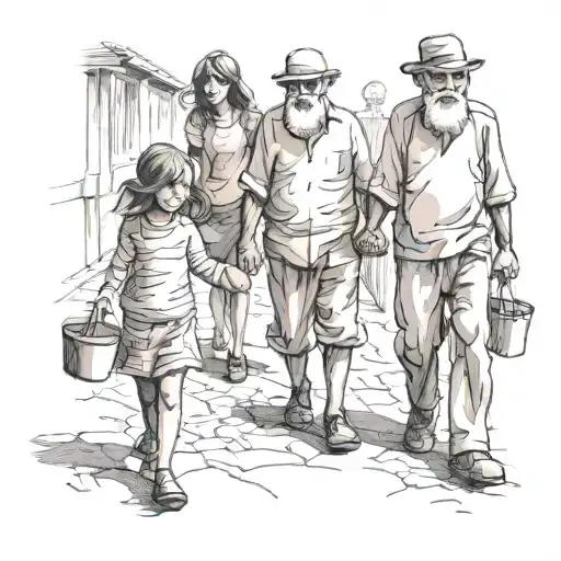 Old Man Walking With Little Girls Holding Hands