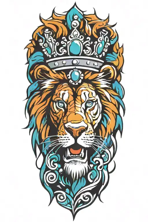 Crowned Lion Roaring Fiercely Turquoise White Black Grey