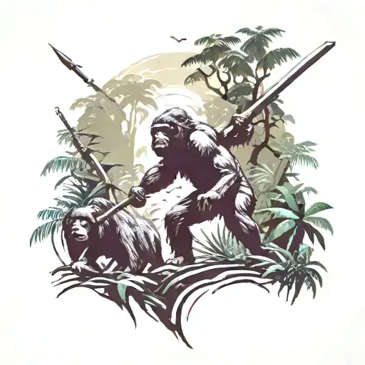 Man Walking In A Jungle Whit A Katana And Gorilla