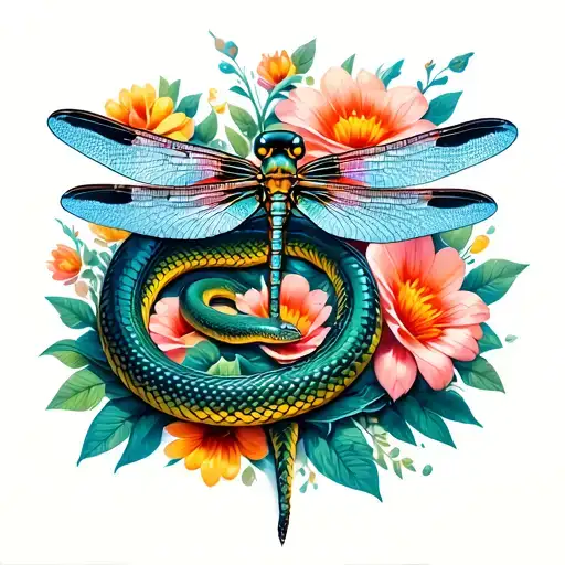 Snake And Dragonfly With Flowers