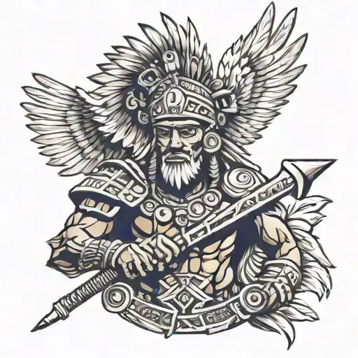 A Fighting Aztec Warrior With An Eagle Headdress And Weapons