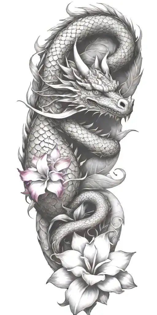 Dragon Winding With Dragonfruit Plant And Plumeria Flower