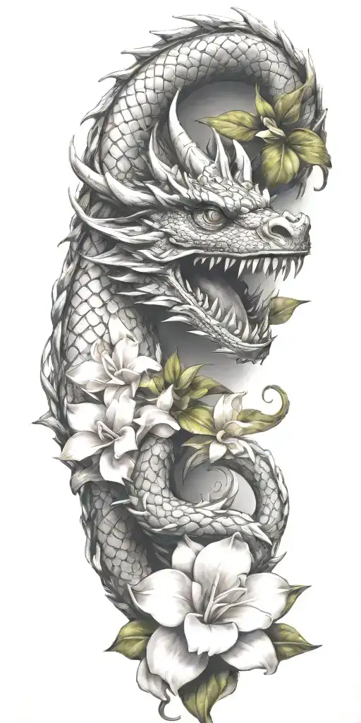 Dragon Winding With Dragonfruit Plant And Plumeria Flower